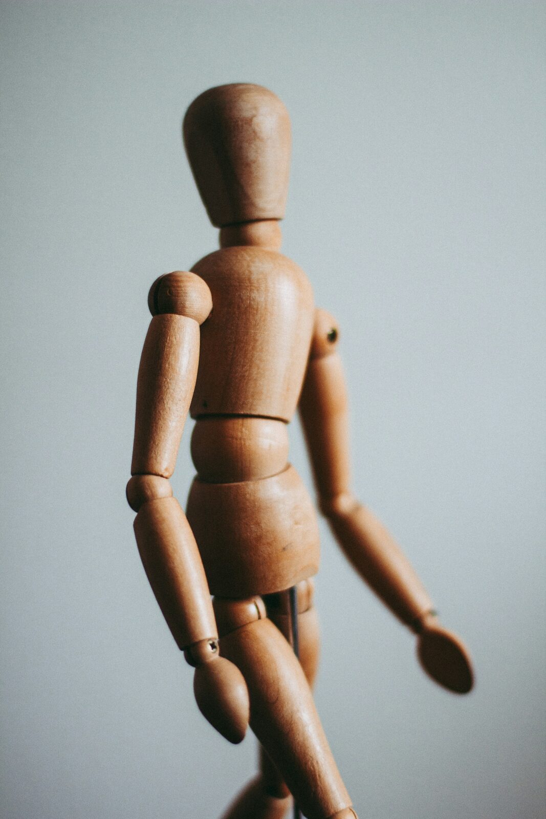 A wooden mannequin figure, seen from behind